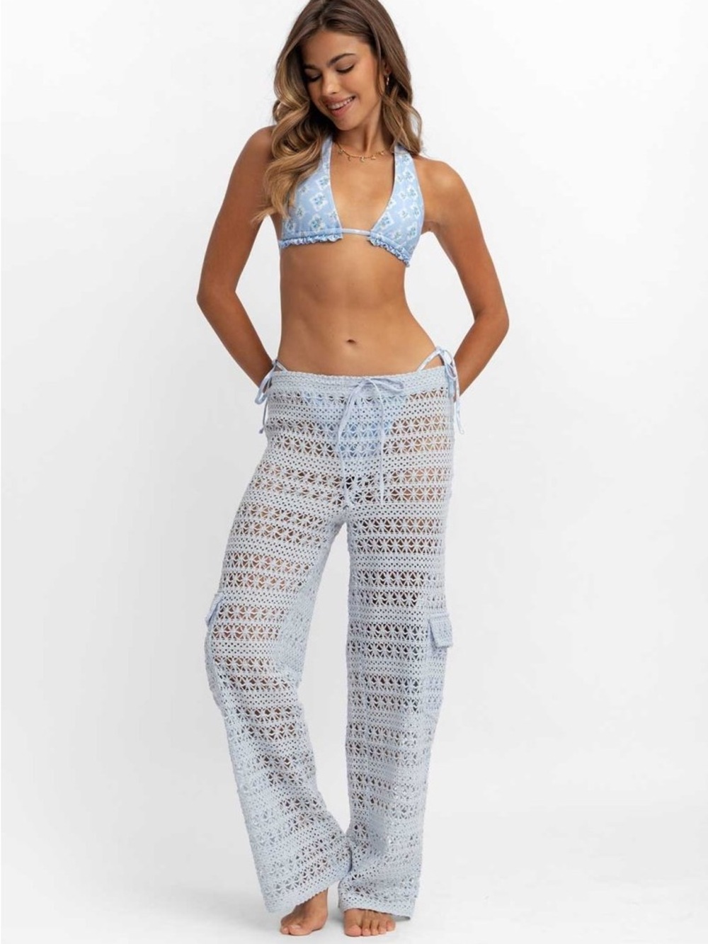 BLACKBOUGH Regina Cargo Knit Lace Pants Swimsuit Cover Blue Ballad XS